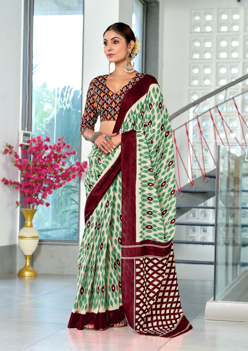 PRIYALAXMI PURE MULMUL COTTON IKKAT PRINTD MAROON AND LIGHT GREEN SAREE