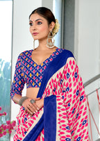 PRIYALAXMI PURE MULMUL COTTON IKKAT PRINTD PINK AND BLUE SAREE