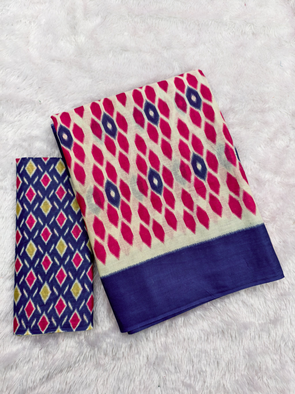PRIYALAXMI PURE MULMUL COTTON IKKAT PRINTD PINK AND BLUE SAREE