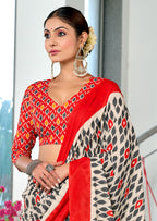 PRIYALAXMI PURE MULMUL COTTON IKKAT PRINTD RED AND GREY SAREE