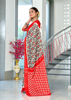 PRIYALAXMI PURE MULMUL COTTON IKKAT PRINTD RED AND GREY SAREE