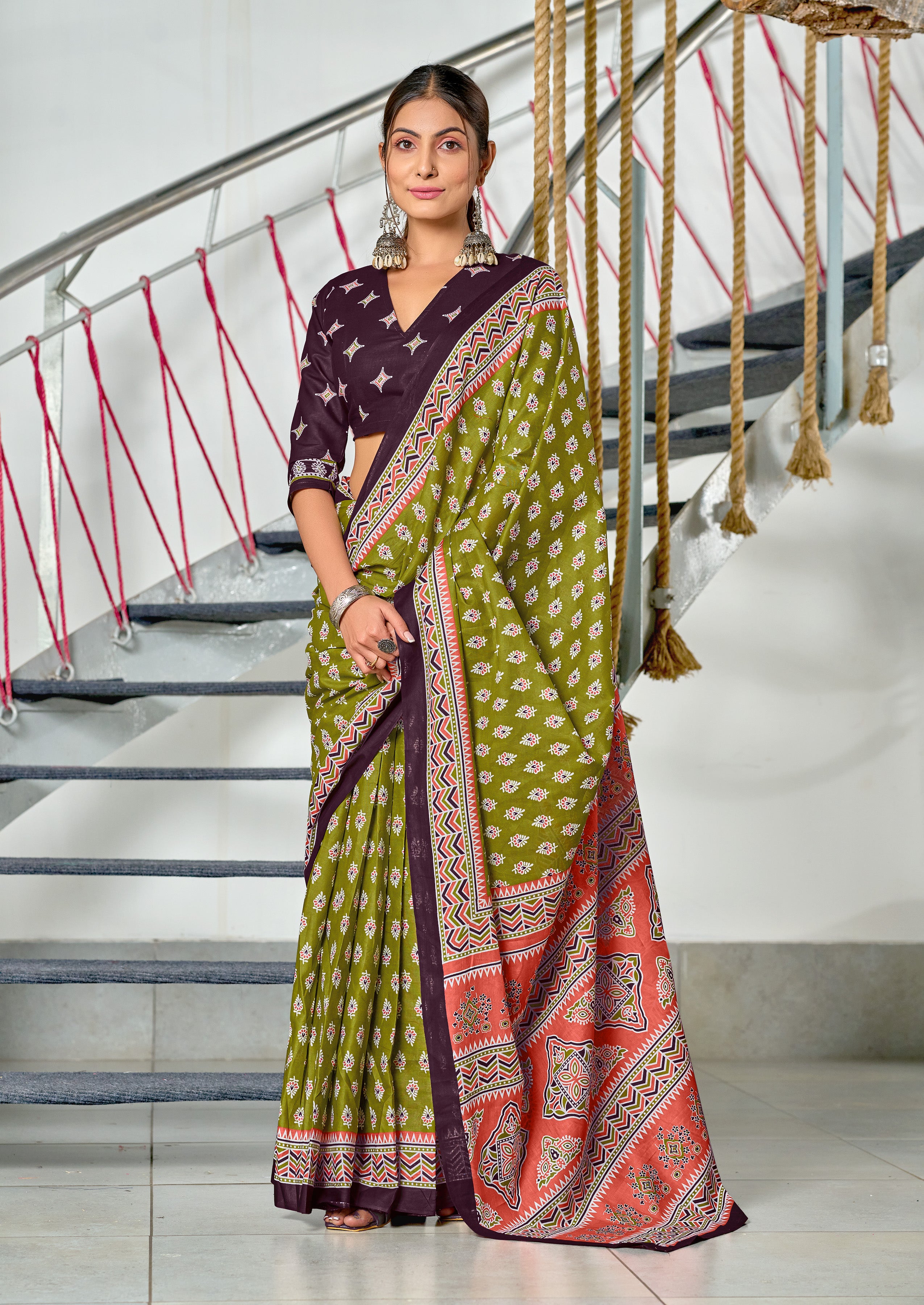 RACHITA PURE MULMUL COTTON BAGRU PRINTD GREEN SAREE
