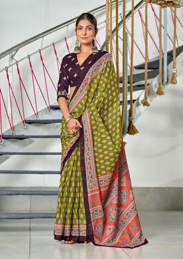 RACHITA PURE MULMUL COTTON BAGRU PRINTD GREEN SAREE