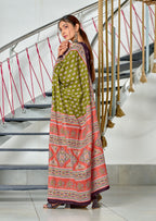 RACHITA PURE MULMUL COTTON BAGRU PRINTD GREEN SAREE