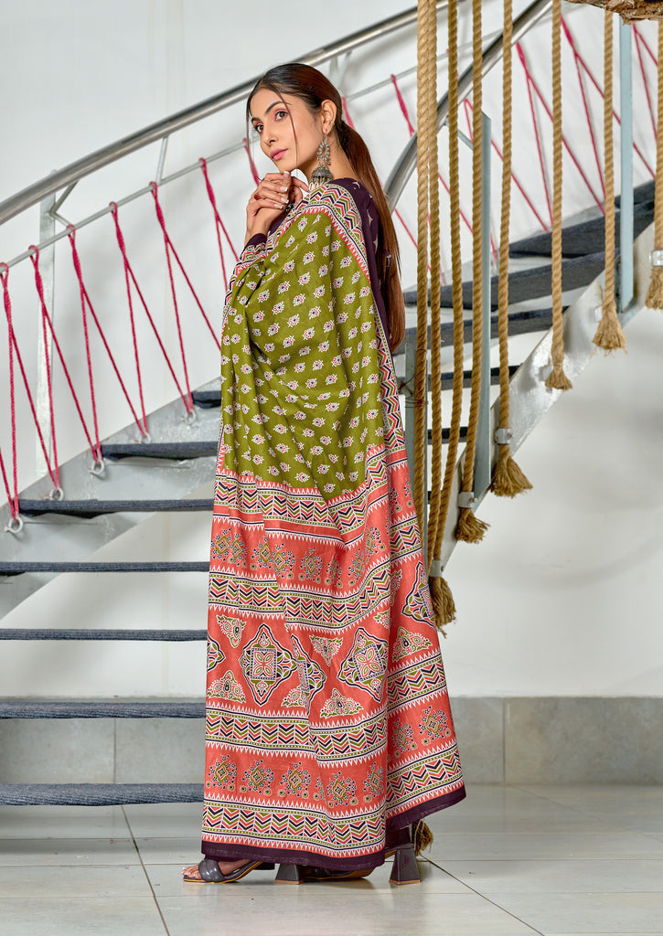 RACHITA PURE MULMUL COTTON BAGRU PRINTD GREEN SAREE
