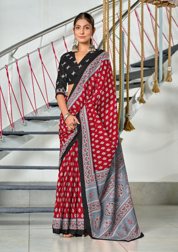 RACHITA PURE MULMUL COTTON BAGRU PRINTD MAROON SAREE