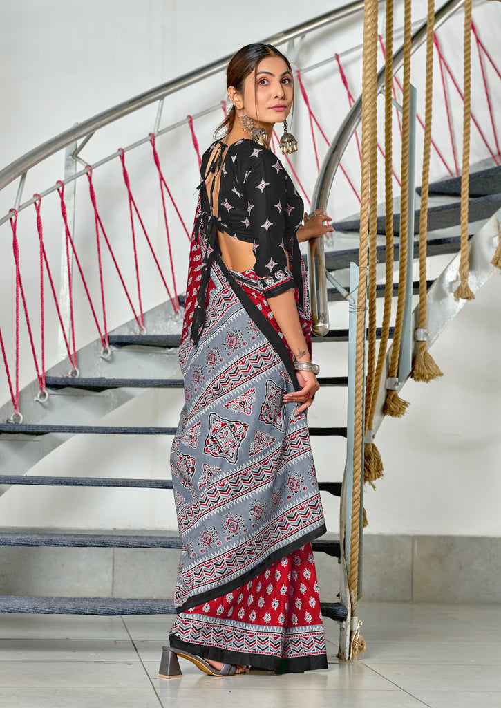 RACHITA PURE MULMUL COTTON BAGRU PRINTD MAROON SAREE