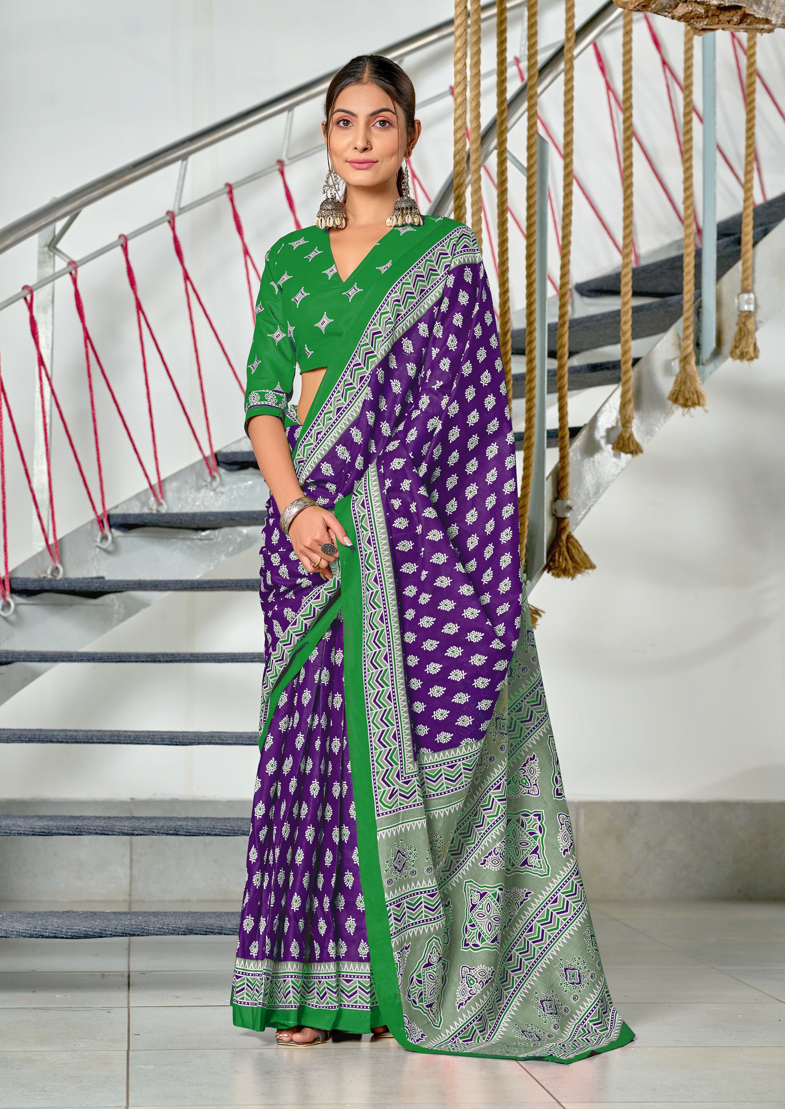 RACHITA PURE MULMUL COTTON BAGRU PRINTD PURPLE SAREE