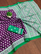 RACHITA PURE MULMUL COTTON BAGRU PRINTD PURPLE SAREE