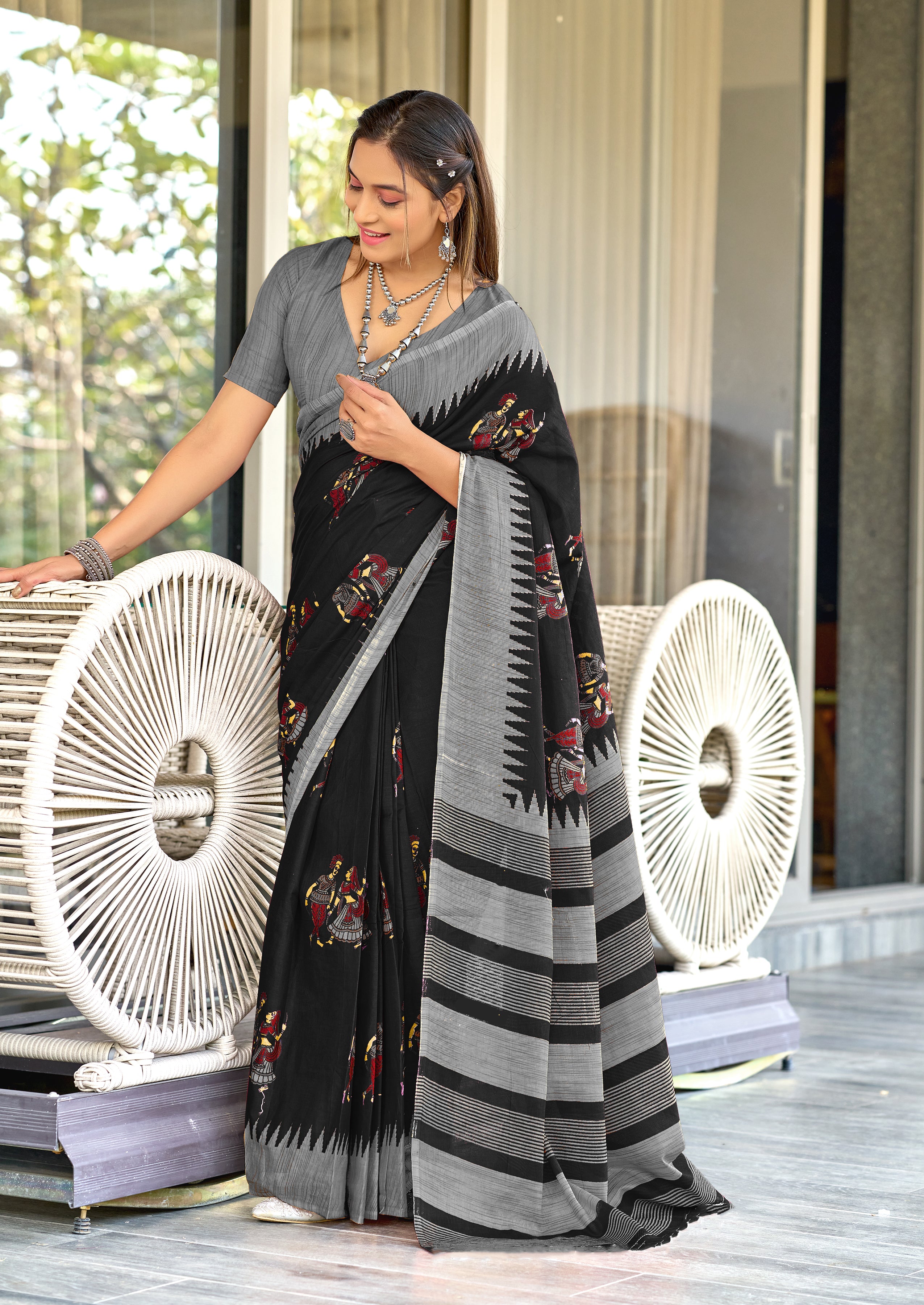 RAMLILA SOFT MULMUL PURE COTTON WITH BEAUTIFUL KALAMKARI HAND BLOCK PRINT BLACK SAREE