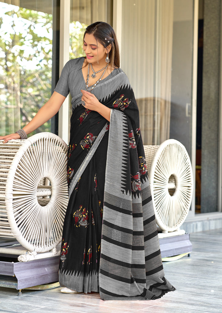 RAMLILA SOFT MULMUL PURE COTTON WITH BEAUTIFUL KALAMKARI HAND BLOCK PRINT BLACK SAREE