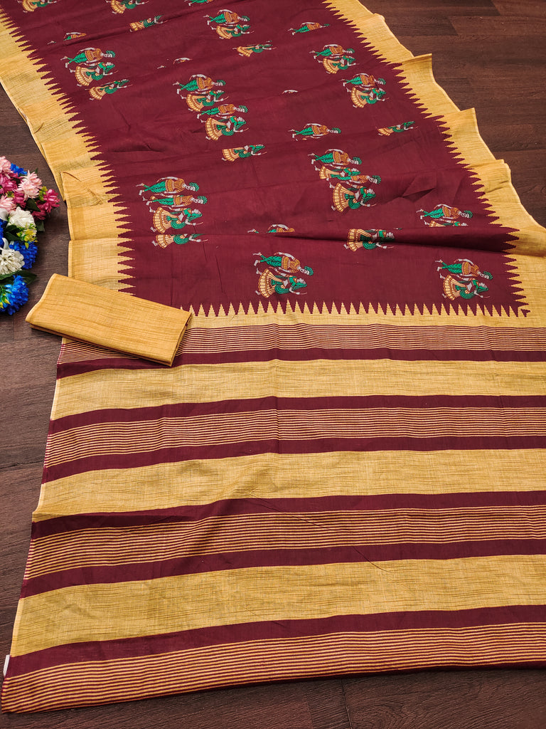 RAMLILA SOFT MULMUL PURE COTTON WITH BEAUTIFUL KALAMKARI HAND RED PRINT BLACK SAREE