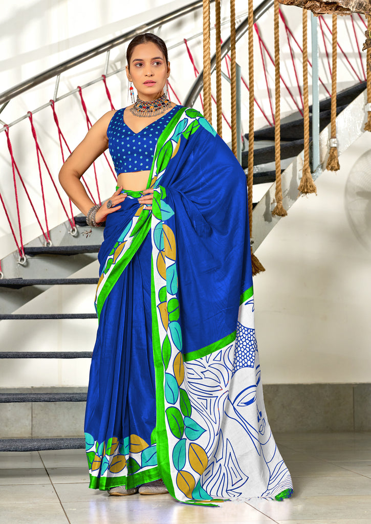 RAMYA PURE MULMUL MADHUBANI HAND BLOCK PRINTD BLUE SAREE