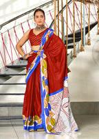 RAMYA PURE MULMUL MADHUBANI HAND BLOCK PRINTD RED SAREE