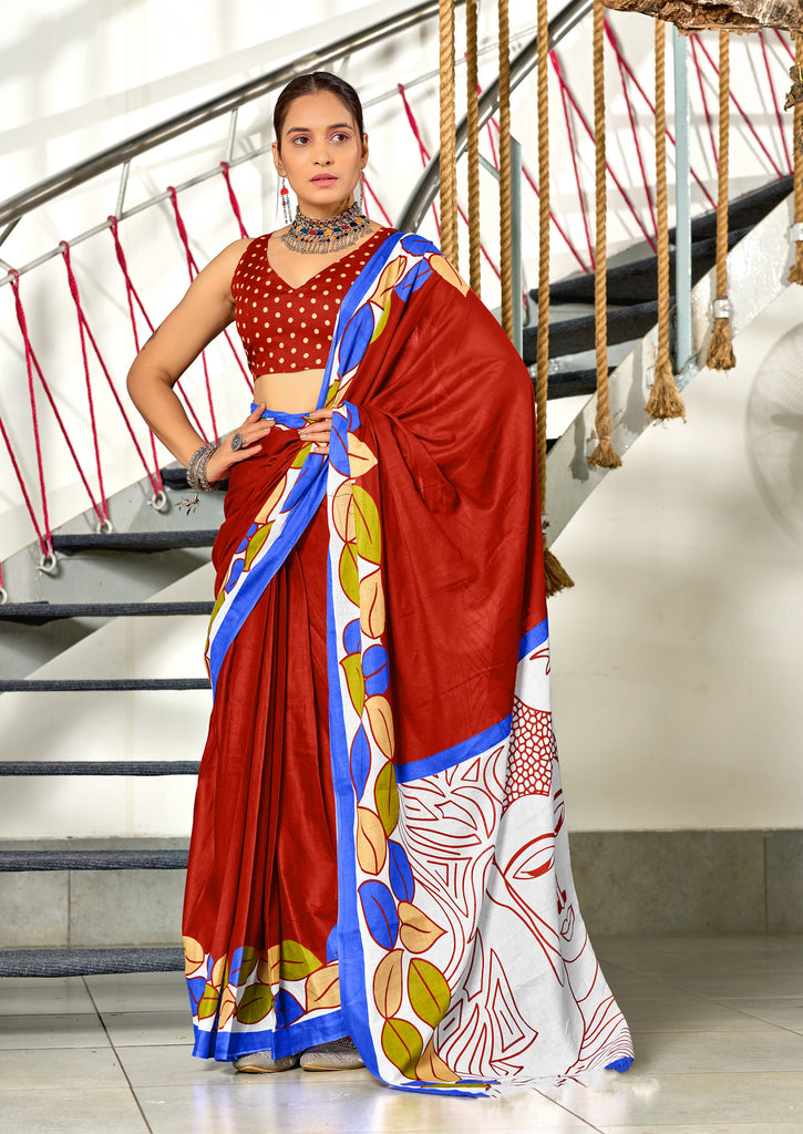 RAMYA PURE MULMUL MADHUBANI HAND BLOCK PRINTD RED SAREE