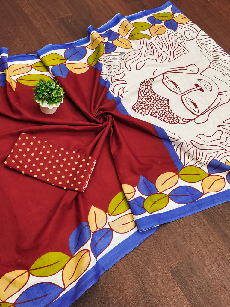 RAMYA PURE MULMUL MADHUBANI HAND BLOCK PRINTD RED SAREE