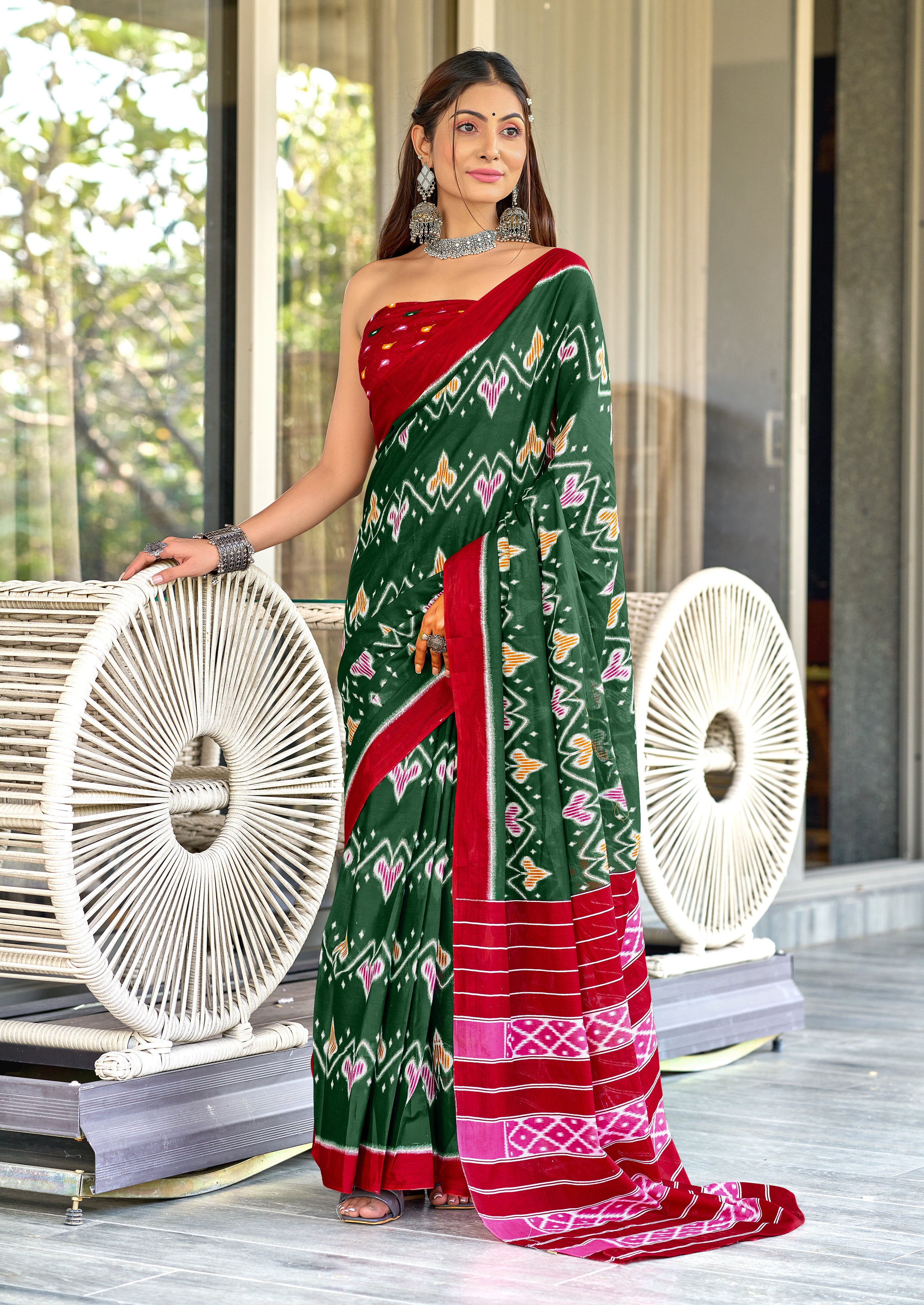 RASHMIKA PURE MULMUL COTTON IKKAT PRINTD GREEN SAREE