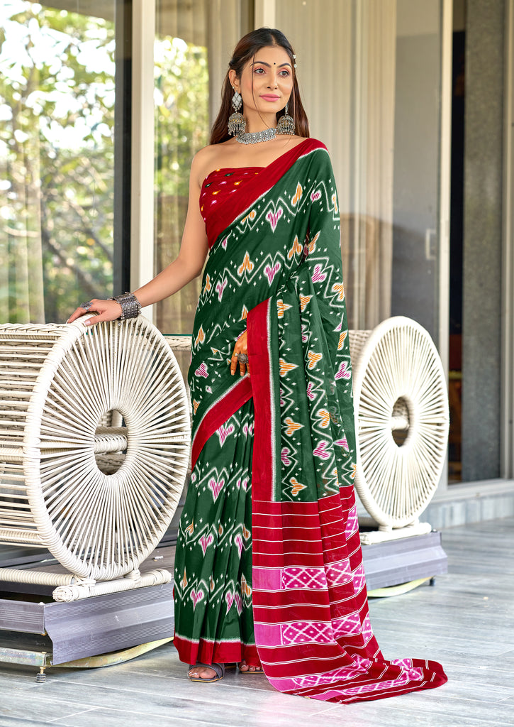 RASHMIKA PURE MULMUL COTTON IKKAT PRINTD GREEN SAREE