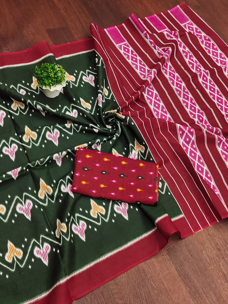 RASHMIKA PURE MULMUL COTTON IKKAT PRINTD GREEN SAREE