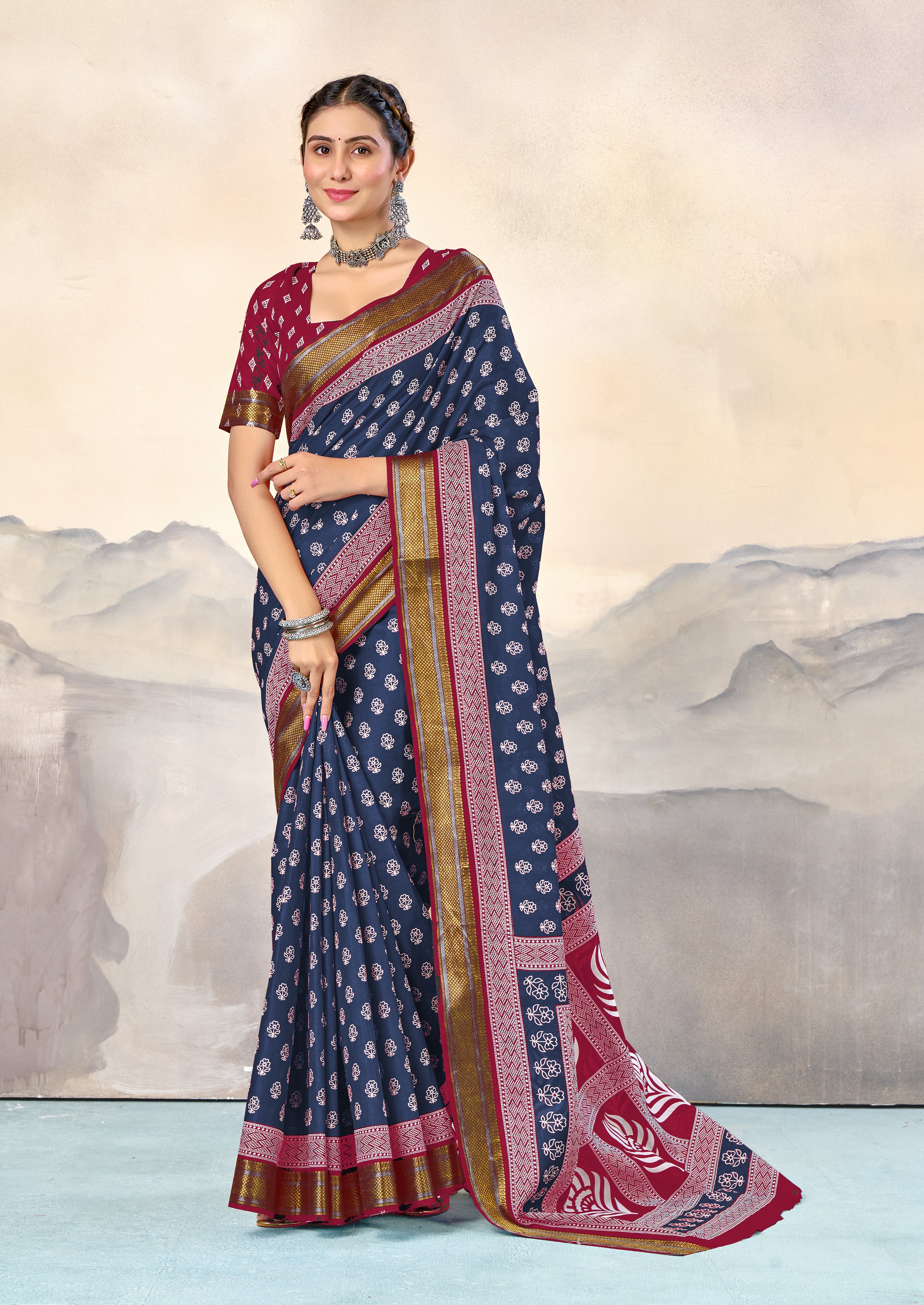 RASHMI PURE MULMUL HAND BLOCK PRINT WITH HEVAY ZARI BODAR BLUE AND PINK SAREE