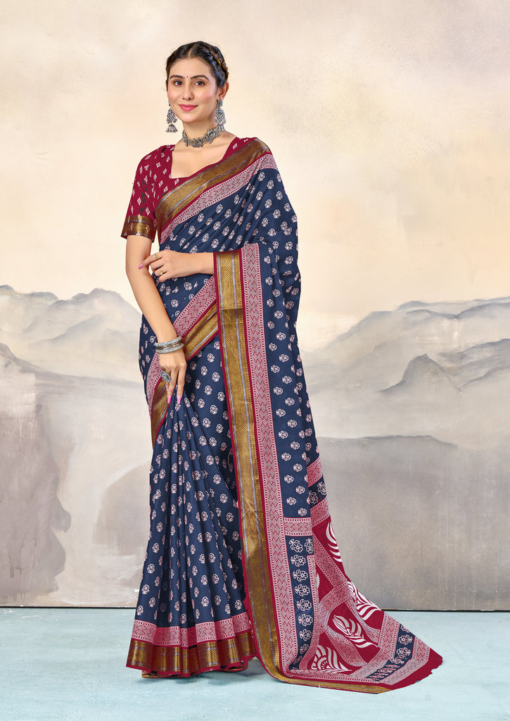 RASHMI PURE MULMUL HAND BLOCK PRINT WITH HEVAY ZARI BODAR BLUE AND PINK SAREE