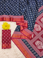 RASHMI PURE MULMUL HAND BLOCK PRINT WITH HEVAY ZARI BODAR BLUE AND PINK SAREE