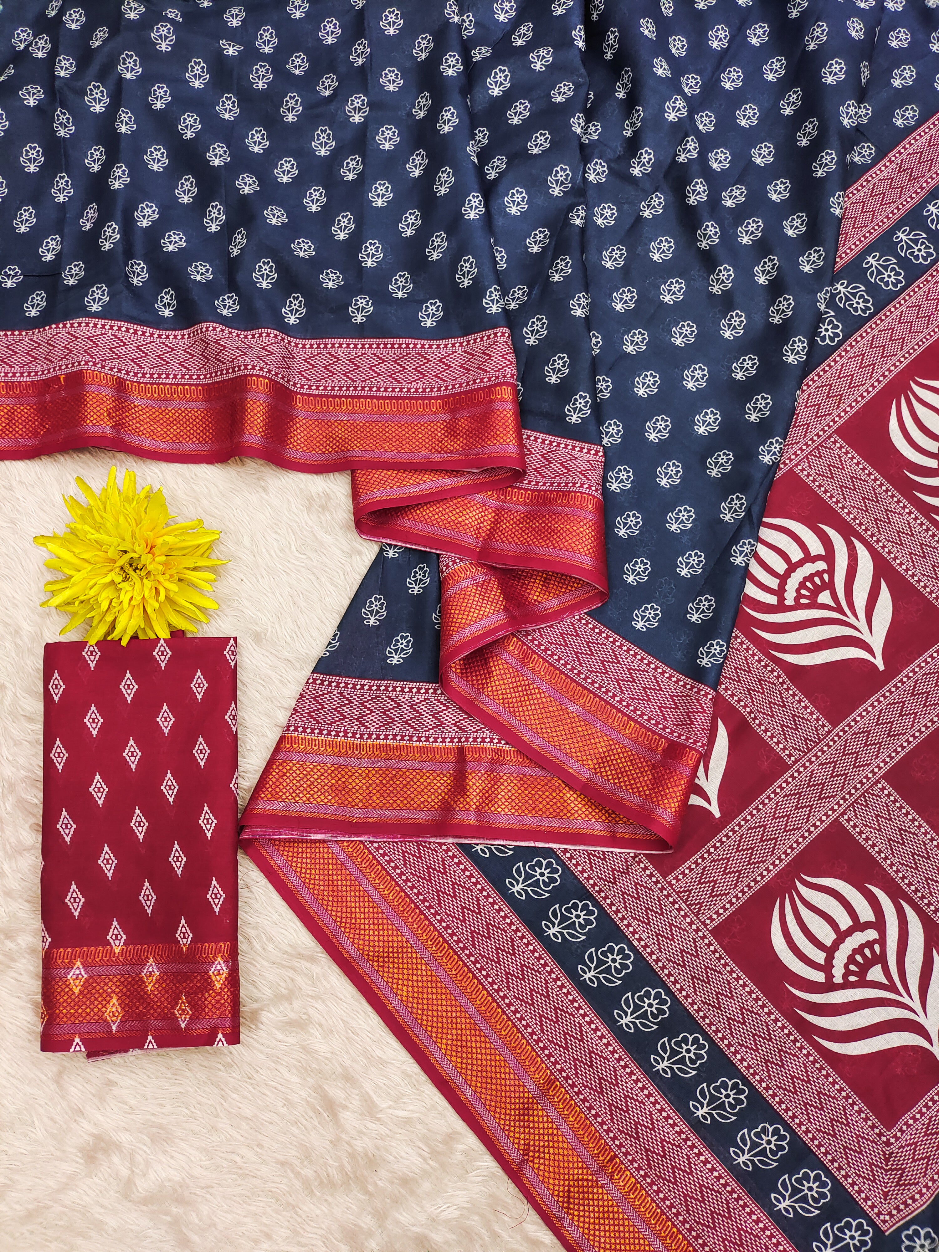 RASHMI PURE MULMUL HAND BLOCK PRINT WITH HEVAY ZARI BODAR BLUE AND PINK SAREE
