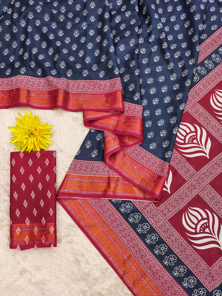 RASHMI PURE MULMUL HAND BLOCK PRINT WITH HEVAY ZARI BODAR BLUE AND PINK SAREE