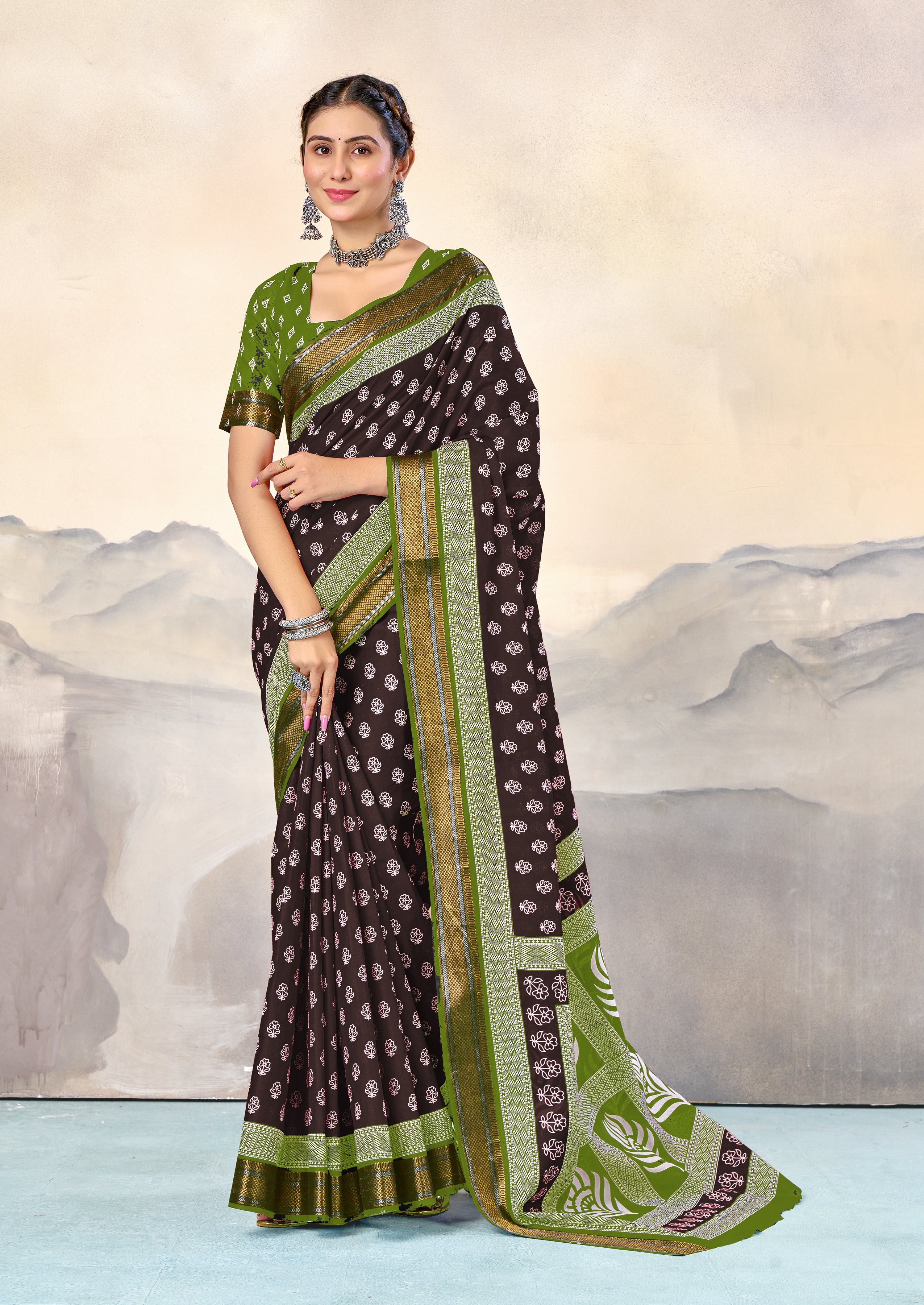 RASHMI PURE MULMUL HAND BLOCK PRINT WITH HEVAY ZARI BODAR BROWN AND GREEN SAREE