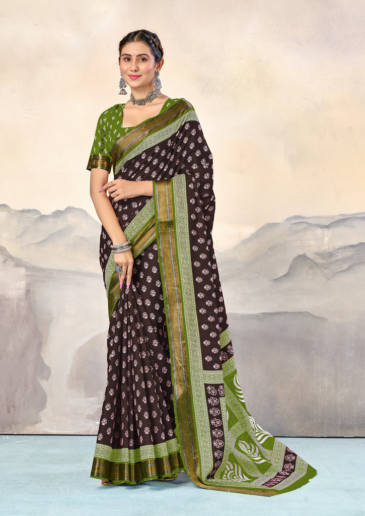 RASHMI PURE MULMUL HAND BLOCK PRINT WITH HEVAY ZARI BODAR BROWN AND GREEN SAREE