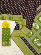 RASHMI PURE MULMUL HAND BLOCK PRINT WITH HEVAY ZARI BODAR BROWN AND GREEN SAREE