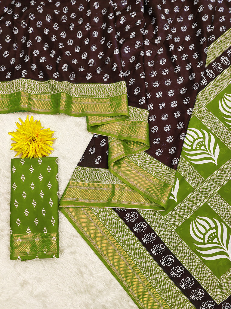 RASHMI PURE MULMUL HAND BLOCK PRINT WITH HEVAY ZARI BODAR BROWN AND GREEN SAREE