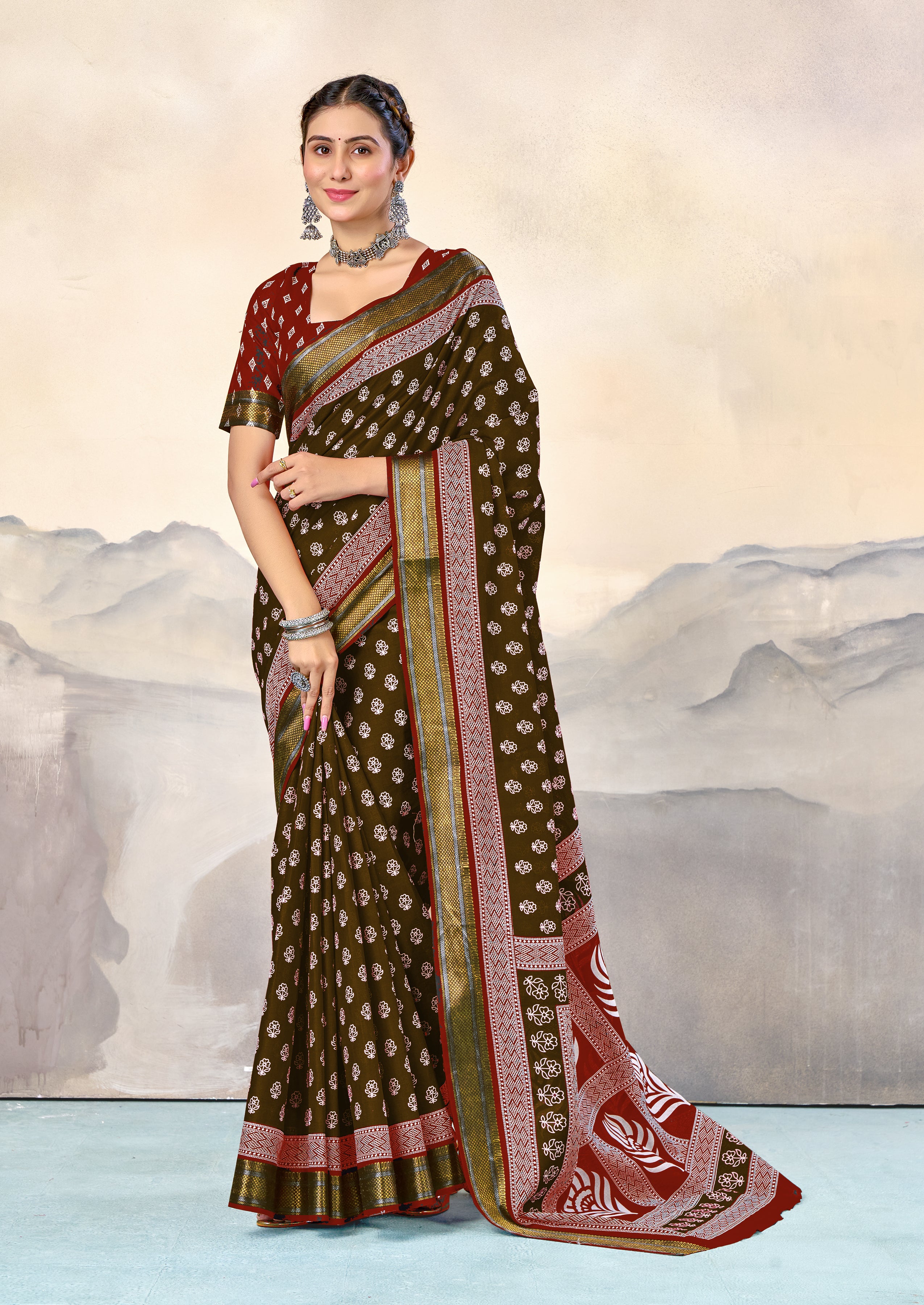 RASHMI PURE MULMUL HAND BLOCK PRINT WITH HEVAY ZARI BODAR BROWN AND RED SAREE