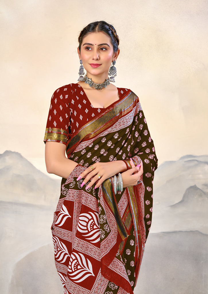 RASHMI PURE MULMUL HAND BLOCK PRINT WITH HEVAY ZARI BODAR BROWN AND RED SAREE