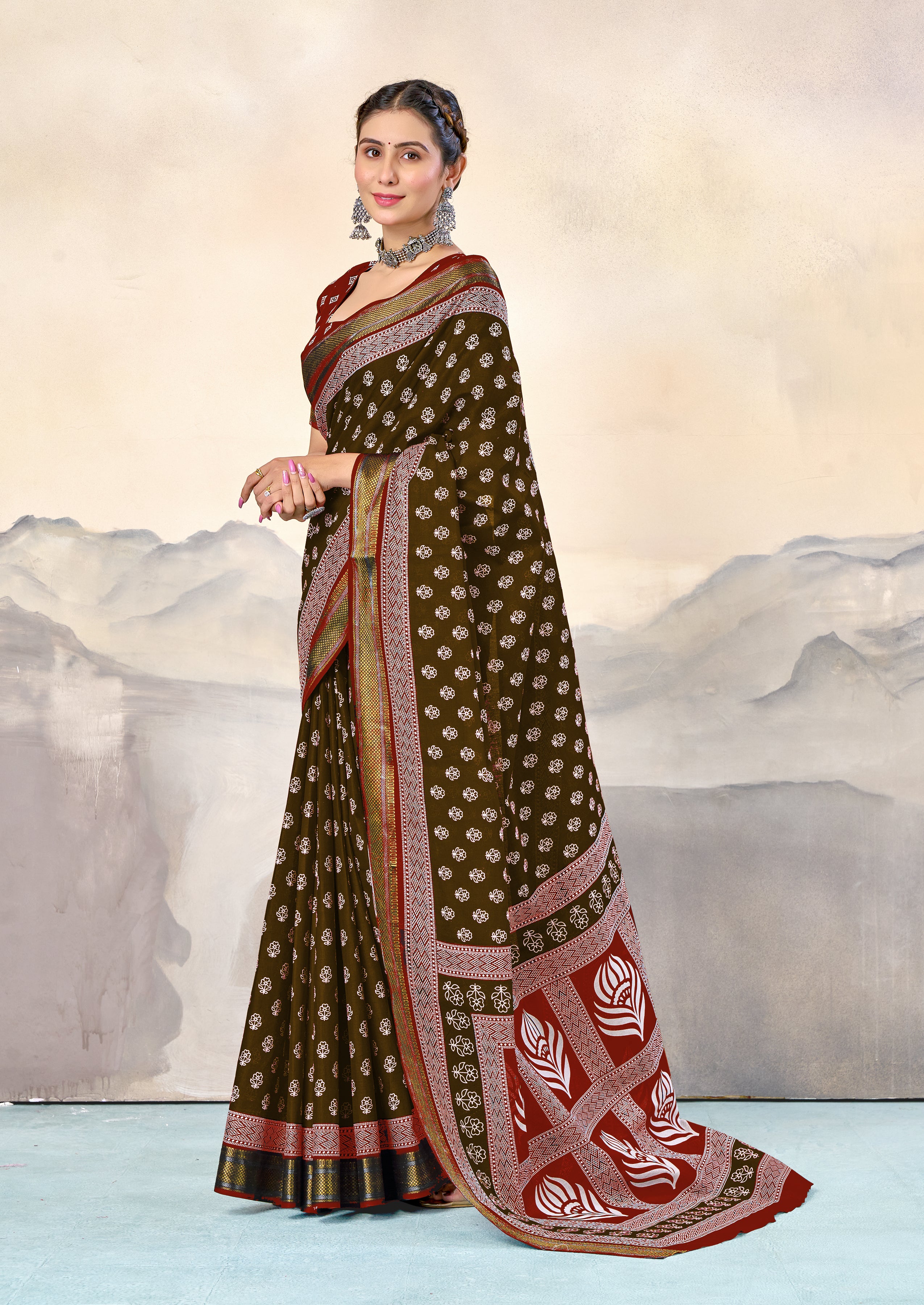 RASHMI PURE MULMUL HAND BLOCK PRINT WITH HEVAY ZARI BODAR BROWN AND RED SAREE