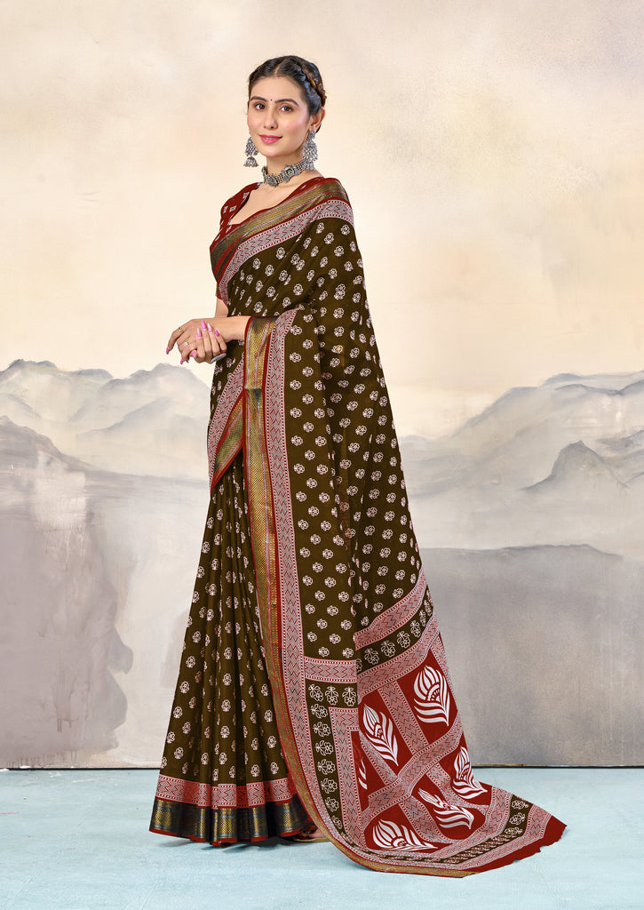 RASHMI PURE MULMUL HAND BLOCK PRINT WITH HEVAY ZARI BODAR BROWN AND RED SAREE