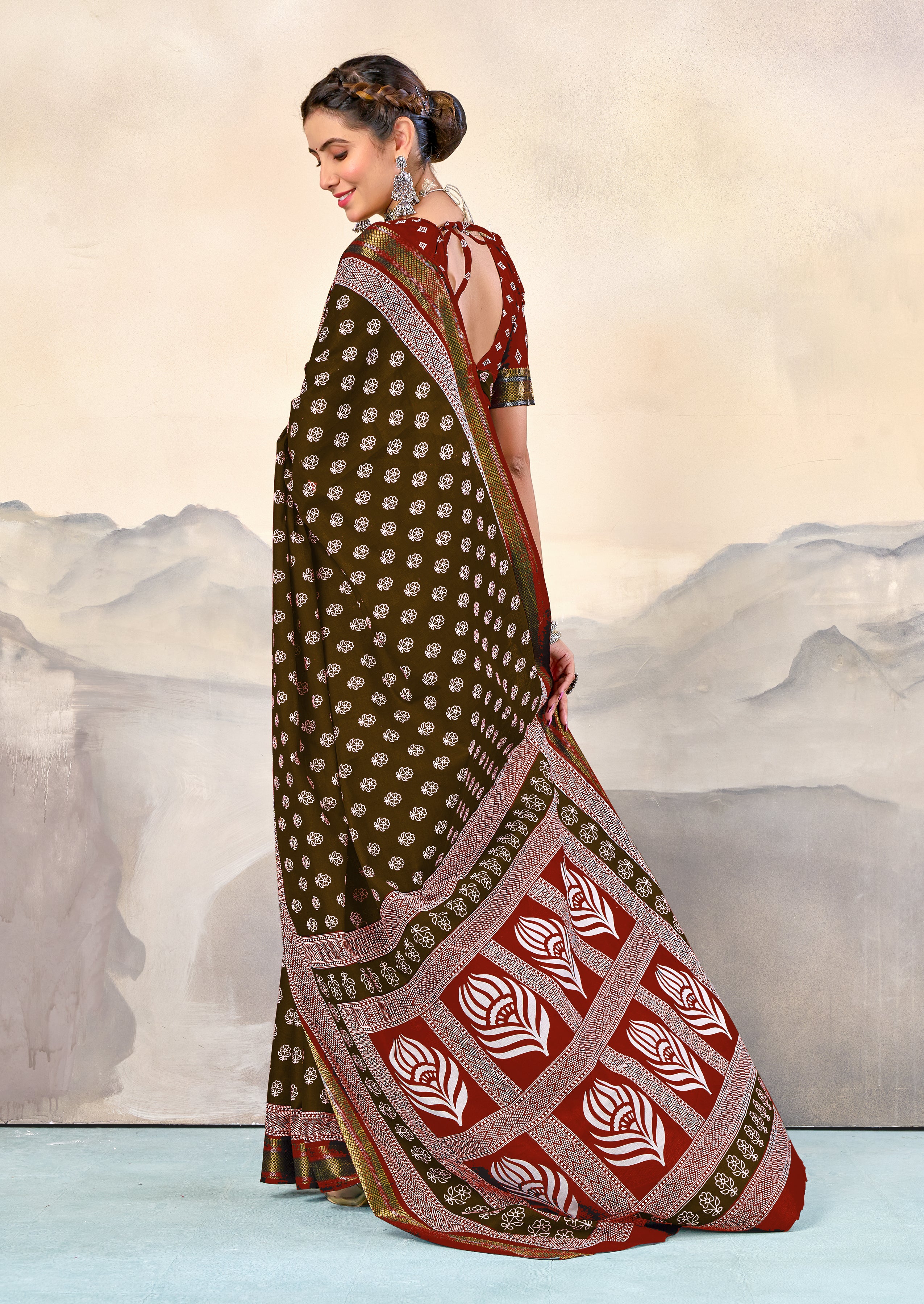 RASHMI PURE MULMUL HAND BLOCK PRINT WITH HEVAY ZARI BODAR BROWN AND RED SAREE