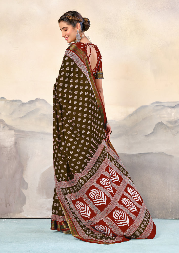 RASHMI PURE MULMUL HAND BLOCK PRINT WITH HEVAY ZARI BODAR BROWN AND RED SAREE