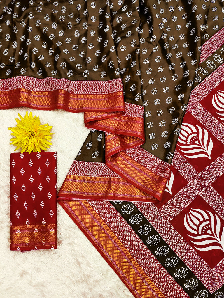 RASHMI PURE MULMUL HAND BLOCK PRINT WITH HEVAY ZARI BODAR BROWN AND RED SAREE