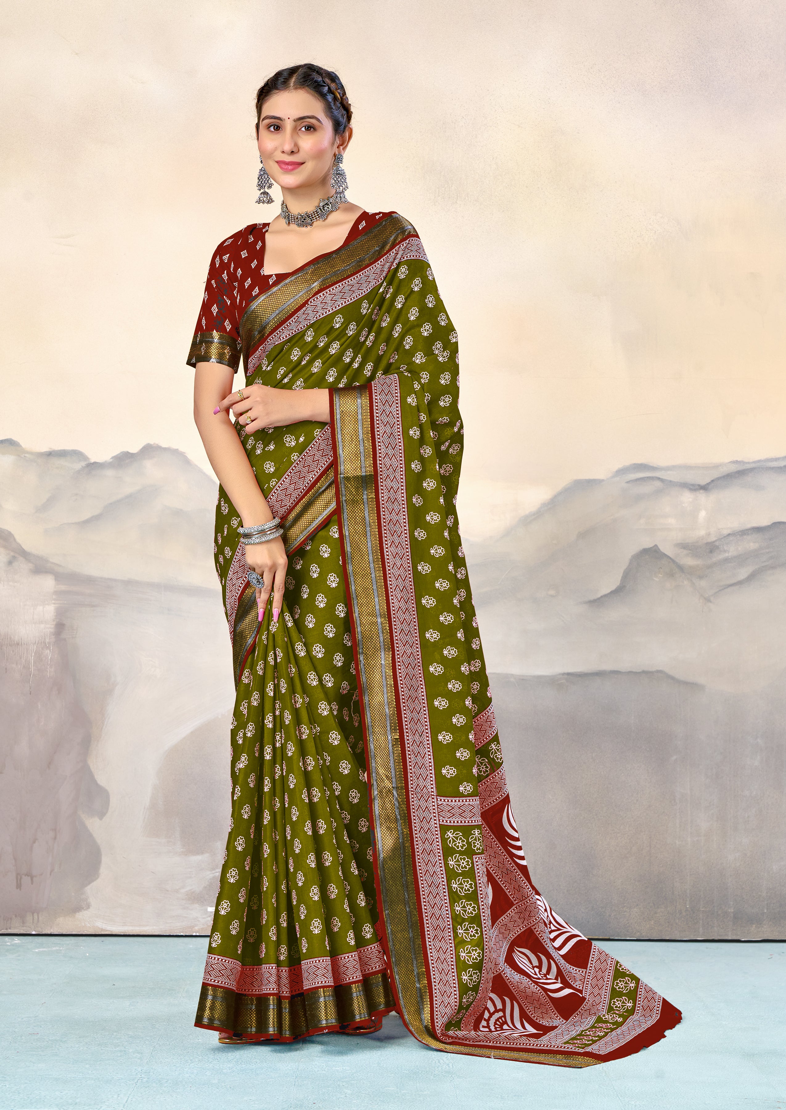 RASHMI PURE MULMUL HAND BLOCK PRINT WITH HEVAY ZARI BODAR GREEN AND RED SAREE