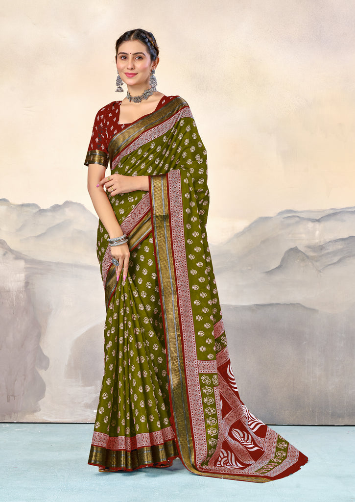 RASHMI PURE MULMUL HAND BLOCK PRINT WITH HEVAY ZARI BODAR GREEN AND RED SAREE