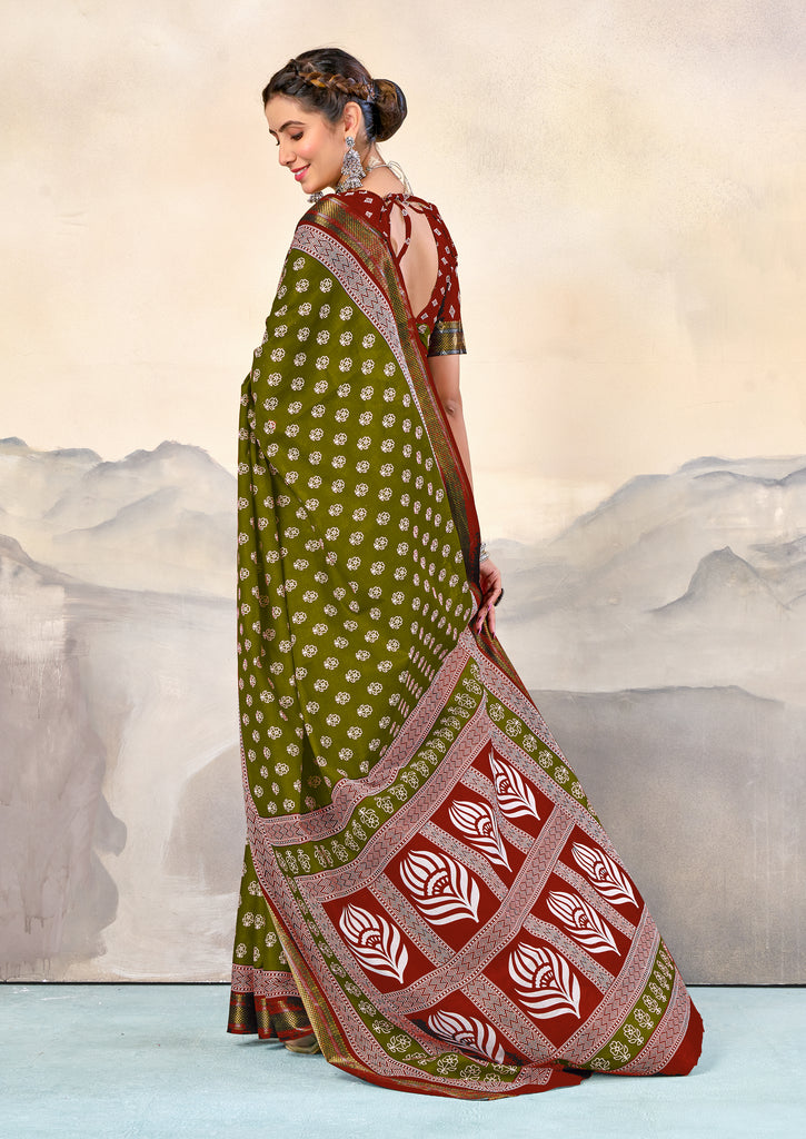 RASHMI PURE MULMUL HAND BLOCK PRINT WITH HEVAY ZARI BODAR GREEN AND RED SAREE