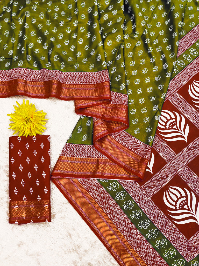 RASHMI PURE MULMUL HAND BLOCK PRINT WITH HEVAY ZARI BODAR GREEN AND RED SAREE