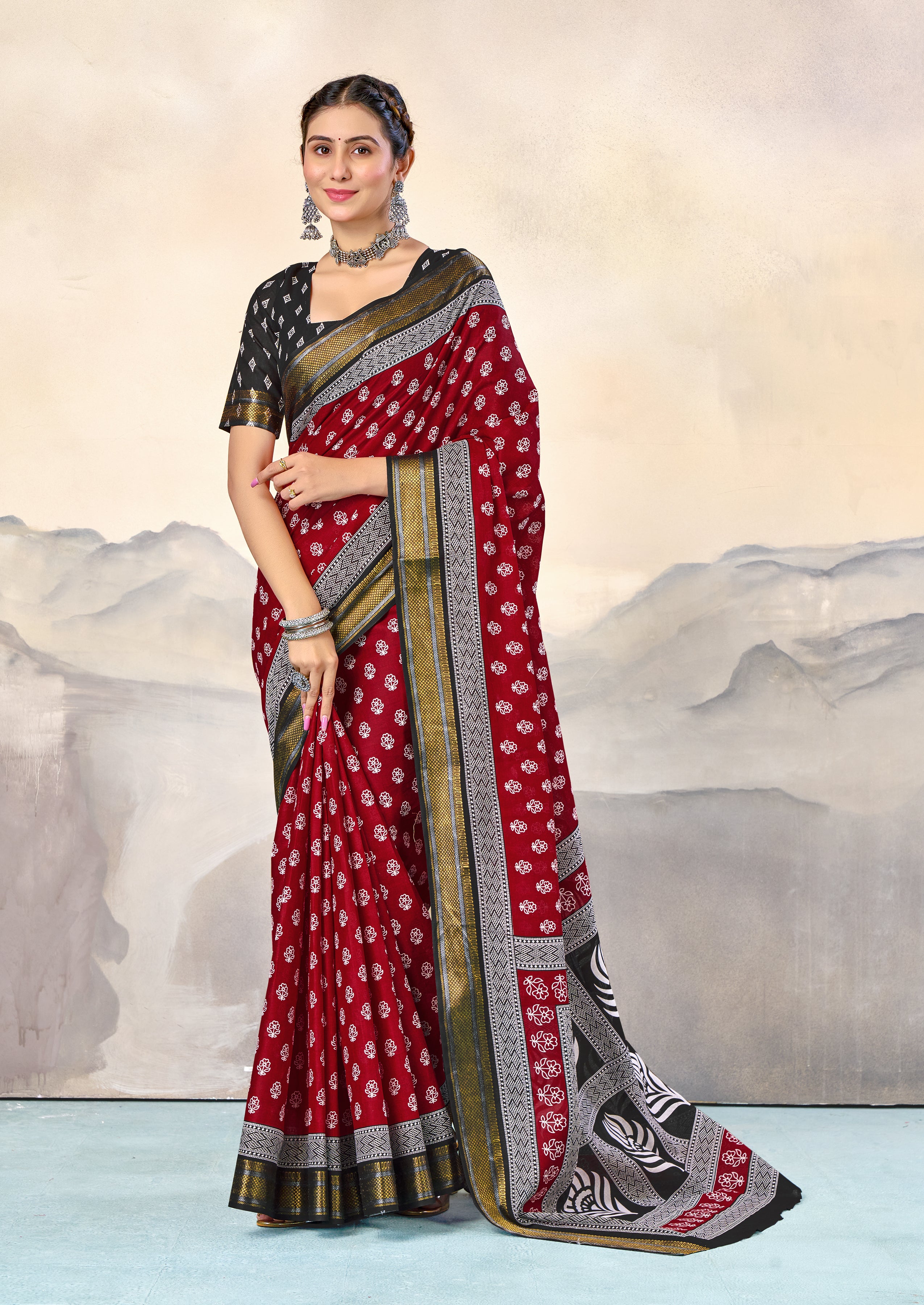 RASHMI PURE MULMUL HAND BLOCK PRINT WITH HEVAY ZARI BODAR RED AND BLACK SAREE
