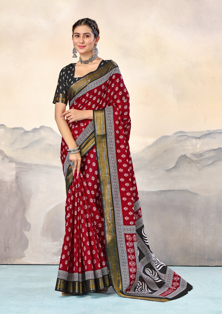 RASHMI PURE MULMUL HAND BLOCK PRINT WITH HEVAY ZARI BODAR RED AND BLACK SAREE
