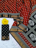 RASHMI PURE MULMUL HAND BLOCK PRINT WITH HEVAY ZARI BODAR RED AND BLACK SAREE