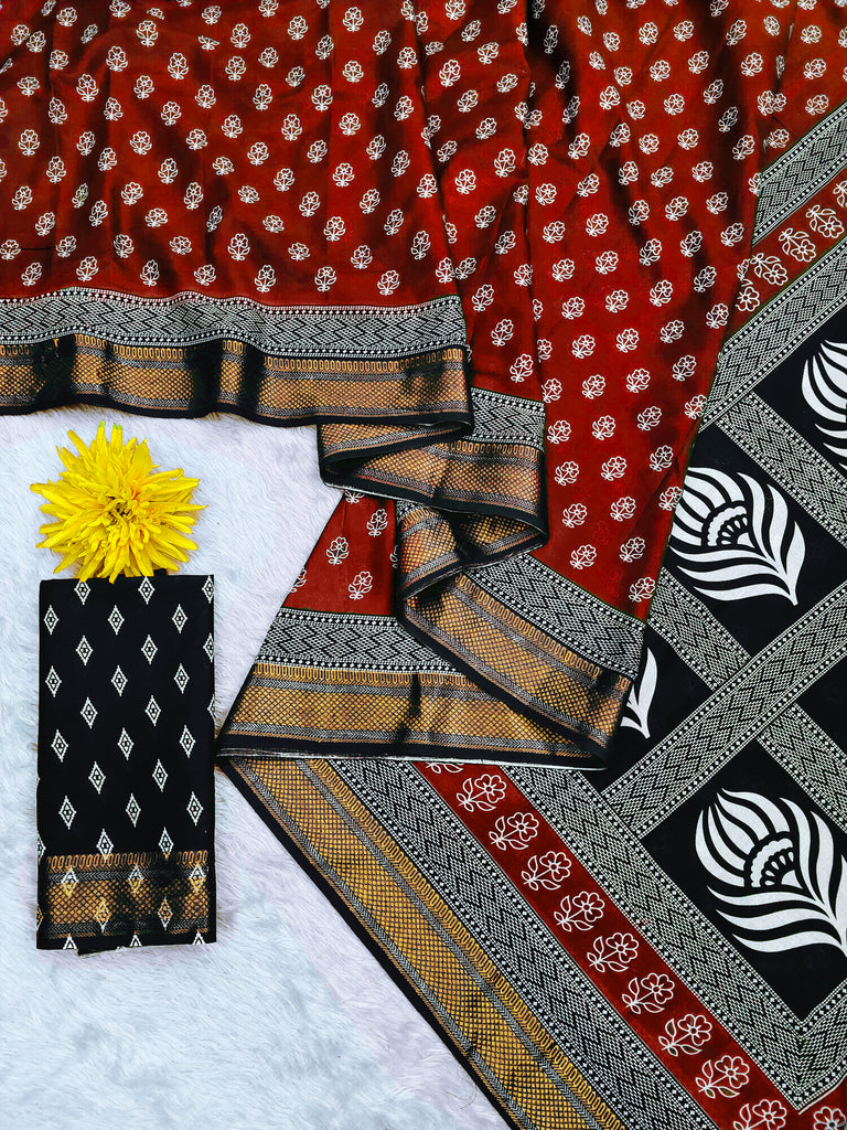 RASHMI PURE MULMUL HAND BLOCK PRINT WITH HEVAY ZARI BODAR RED AND BLACK SAREE