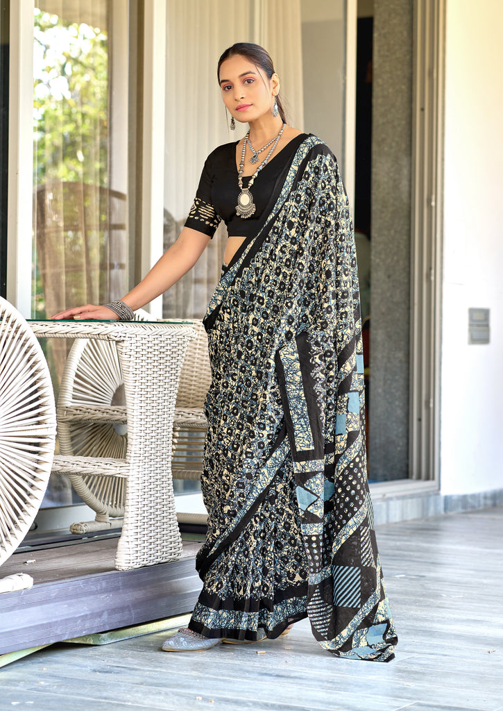 RASMALI BATIK PURE MULMUL COTTON BATIK PRINTD BLACK SAREE