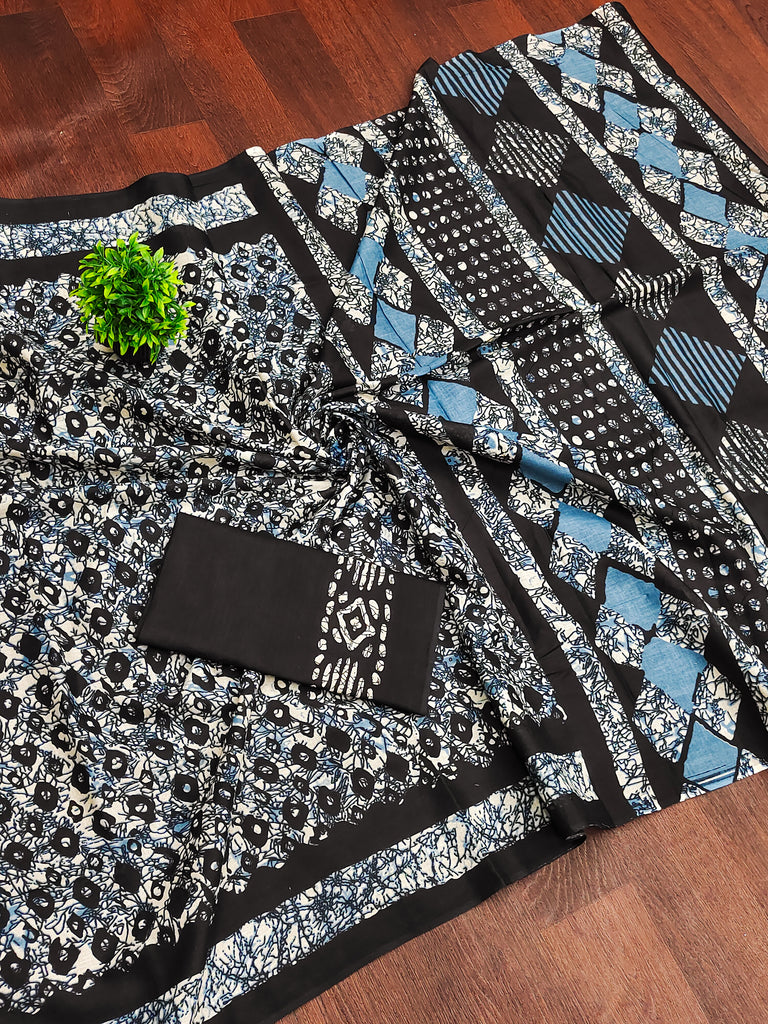 RASMALI BATIK PURE MULMUL COTTON BATIK PRINTD BLACK SAREE