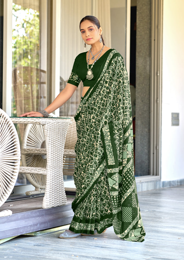 RASMALI BATIK PURE MULMUL COTTON BATIK PRINTD GREEN SAREE